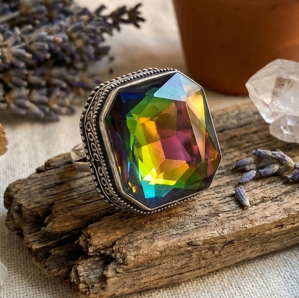925 Sterling Silver Rainbow Crystal Statement Ring Size 9 Witchy Mystical Boho